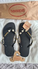 Havaianas Slim Black Metallic Daisy Flower Flipflops Size EU 39/40 UK 4.5/5