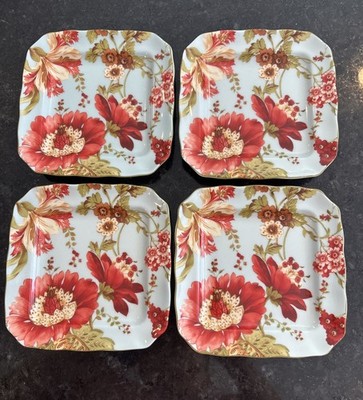 222 Fifth Spring Botanical Plates Red Floral Square 6.25  Appetizer/Dessert (4)