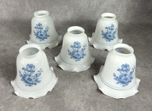 Vintage Glass Tulip Shades x 5 Blue White Floral Design Bell Ruffled 2" Fitter