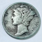 1943 Mercury Dime, Winged Liberty Head, 90% Silver, Very Fine Condition #4000