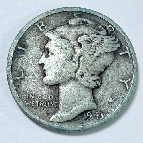 1943 Mercury Dime, Winged Liberty Head, 90% Silver, Very Fine Condition #4000