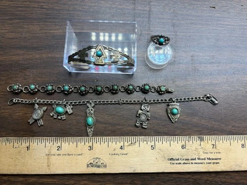 Vintage Sterling Silver Turquoise Cuff Bracelet Rose Ring & faux Charm Child Lot