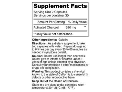 60 CAPSULES ACTIVATED VEGETABLE CHARCOAL DIGESTIVE HEALTH 260mg/cap BODY DETOX - Picture 2 of 2