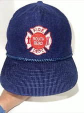 South Bend Fire Dept. Red White Patch on  Navy Corduroy w Rope Hat Cap Snapback