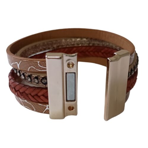 Bohemian Leather Wrap Bracelet Indie Western Magnetic Gold Tone Neutrals Studs - Picture 12 of 22
