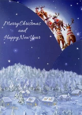 Santa Flying Sleigh Across Full Moon Tri-Fold Panorama Box of 12 Christmas Cards
