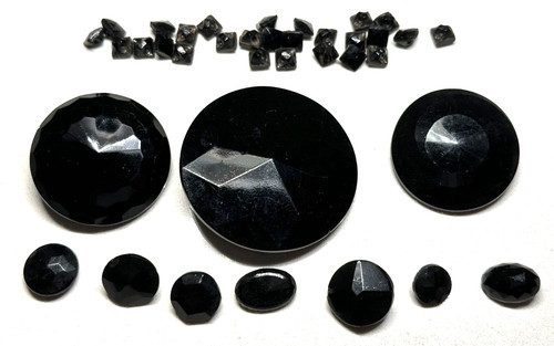 ASSORTED VINTAGE BLACK GLASS BUTTONS : VARYING SIZES, SHAPES G410