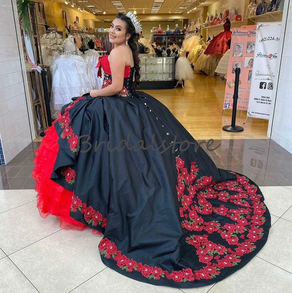 Mexican Quinceanera Dresses Rose Embroidered Ruffles Sweet 15 Prom Ball Gown - Image 4 of 4
