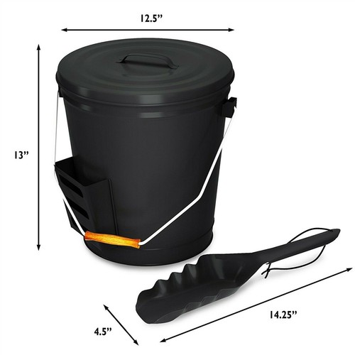 Steel Ash Bucket with Shovel Black Fireplace Stoves 4.75 Gallon 13 Inch High - Picture 4 of 6