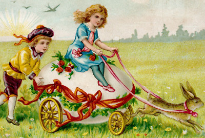 Easter Trade Card art rabbit children embossed chariot