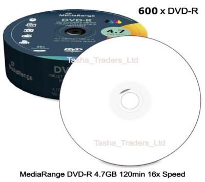 600 x Mediarange DVD-R 16x Speed Inkjet FullSurface Printable Discs Spindel Neu