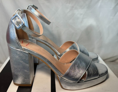 John Lewis Leder Sandalen UK 4 / 37 Mallory Silber elegant High Heel Knöchelriemen