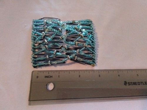 Beaded Elastic Hair Comb Stretchy Double Clip Turquoise & Silver Bead Design - Picture 2 of 2