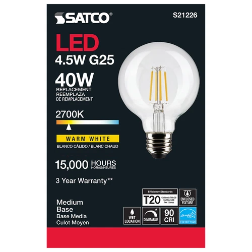 Satco S21226 LED Globe Filament Bulb 120V 4.5W G25 Medium E26 2700K Warm White - Picture 7 of 11