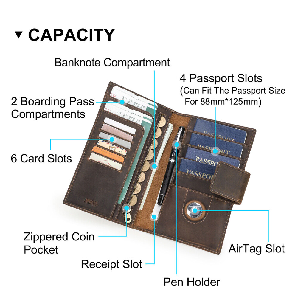 Leather RFID Passport Holder with AirTag Slot for Family Travel Wallet Clutch-image