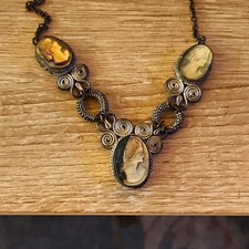 Title Antique 1920s Carved Shell Triple Cameo Festoon Necklace - Rare Restorer