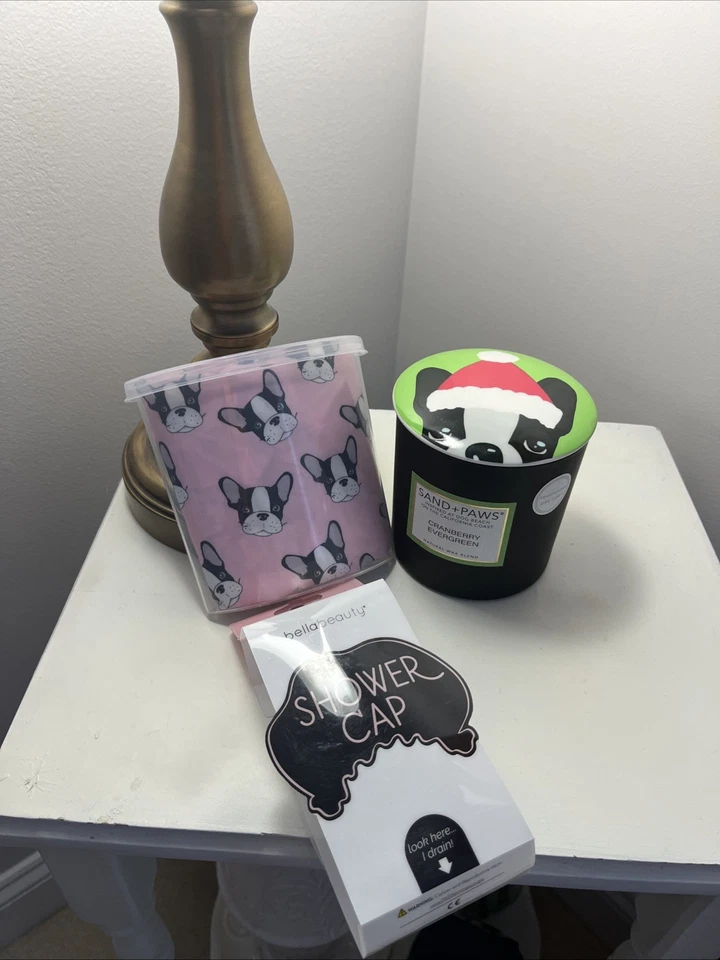 Juego de velas y gorros de ducha Sand + Paws Boston Terrier de Navidad, Bulldog Francés Nuevo con etiquetas Foto 2 de 4