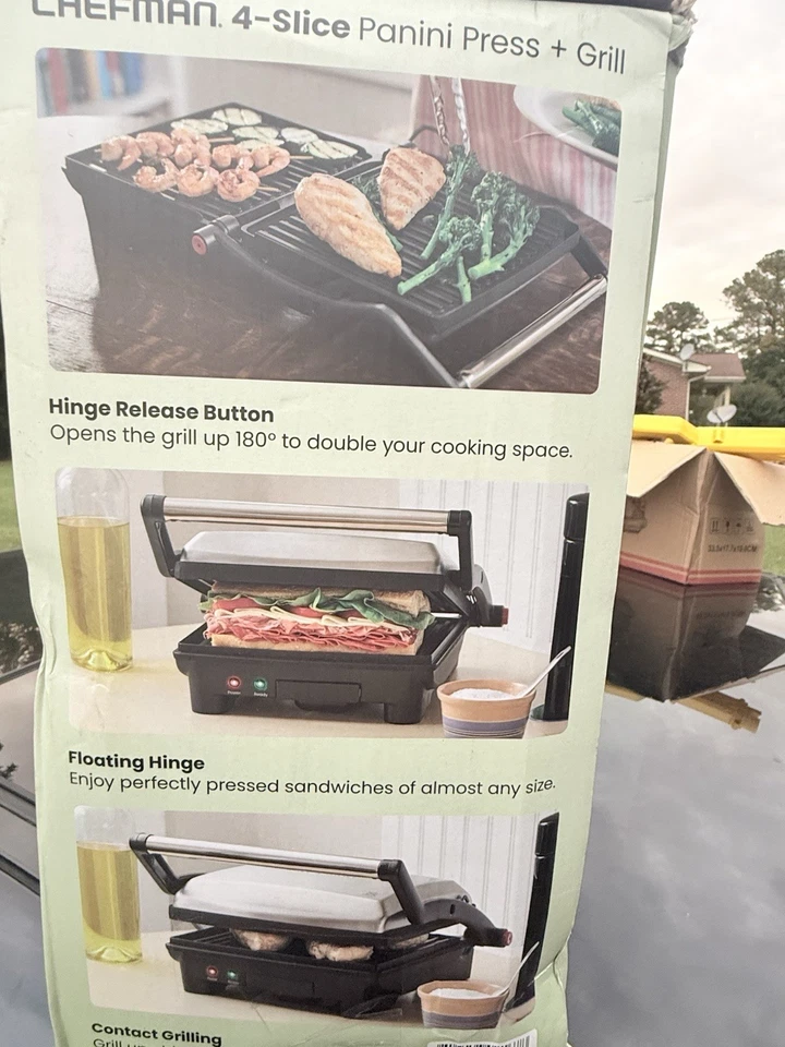 Prensa y parrilla Chefman 3 en 1 Panini, 4 rebanadas antiadherente, se abre plana - inoxidable Foto 3 de 4