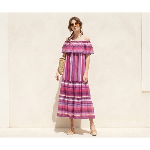 Celine, Vintage 1970s Celine Archival XS S Pink Purple Striped Ruffle Boho Midi Dress