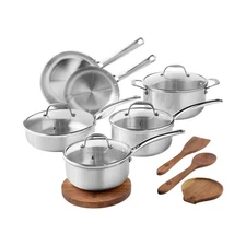 Pioneer Woman Stainless Steel Cookware Set 14pc Glass Lids Wood Trivet SpoonRest
