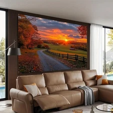 2D Flat, 1pc Large-Scale Autumn Sunset Banner - Realistic Fall Foliage & Red-Ora