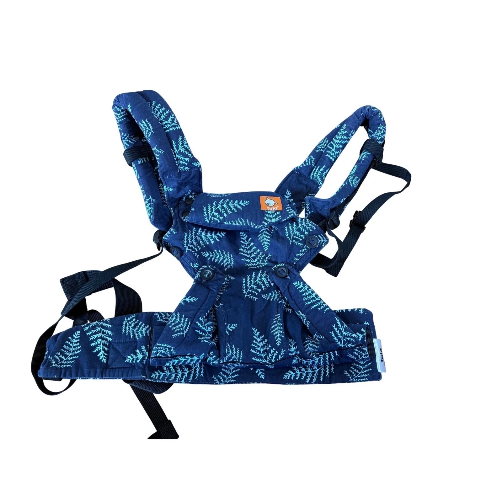 Tula infant carrier in everblue print holds 7-45 pounds