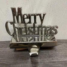 Silver Colored Metal MERRY CHRISTMAS Stocking HANGER Holder Mantel Hook Holiday