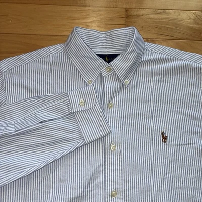 Ralph Lauren Knit Oxford Shirt Men L Blue White Striped Button-Down OCBD - Image 1 of 4