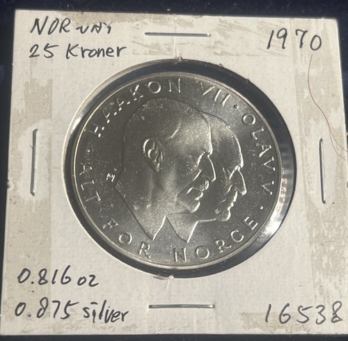 1970 Norway 25 Kroner Silver Coin KM#414 25th Anniversary Liberation Olav V