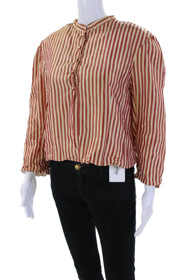 Camisa feminina marrom avelã listrada de seda manga comprida com botões vermelha amarela tamanho 4 - Imagem 2 de 4