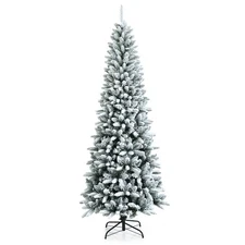 Goplus 7.5ft Snow Flocked Pencil Christmas Tree, Hinged Artificial Slim Xmas ...