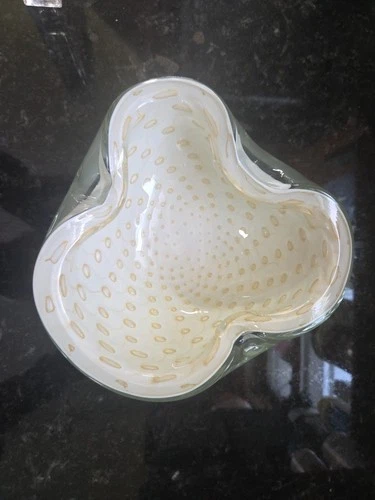 MCM MURANO Alfredo Barbini White & Gold Bullicante Art Glass Dish Bowl Ashtray