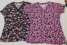 TWO Women's Small White Cross scrub tops pink ribbon Breast Cancer Nurse Medical