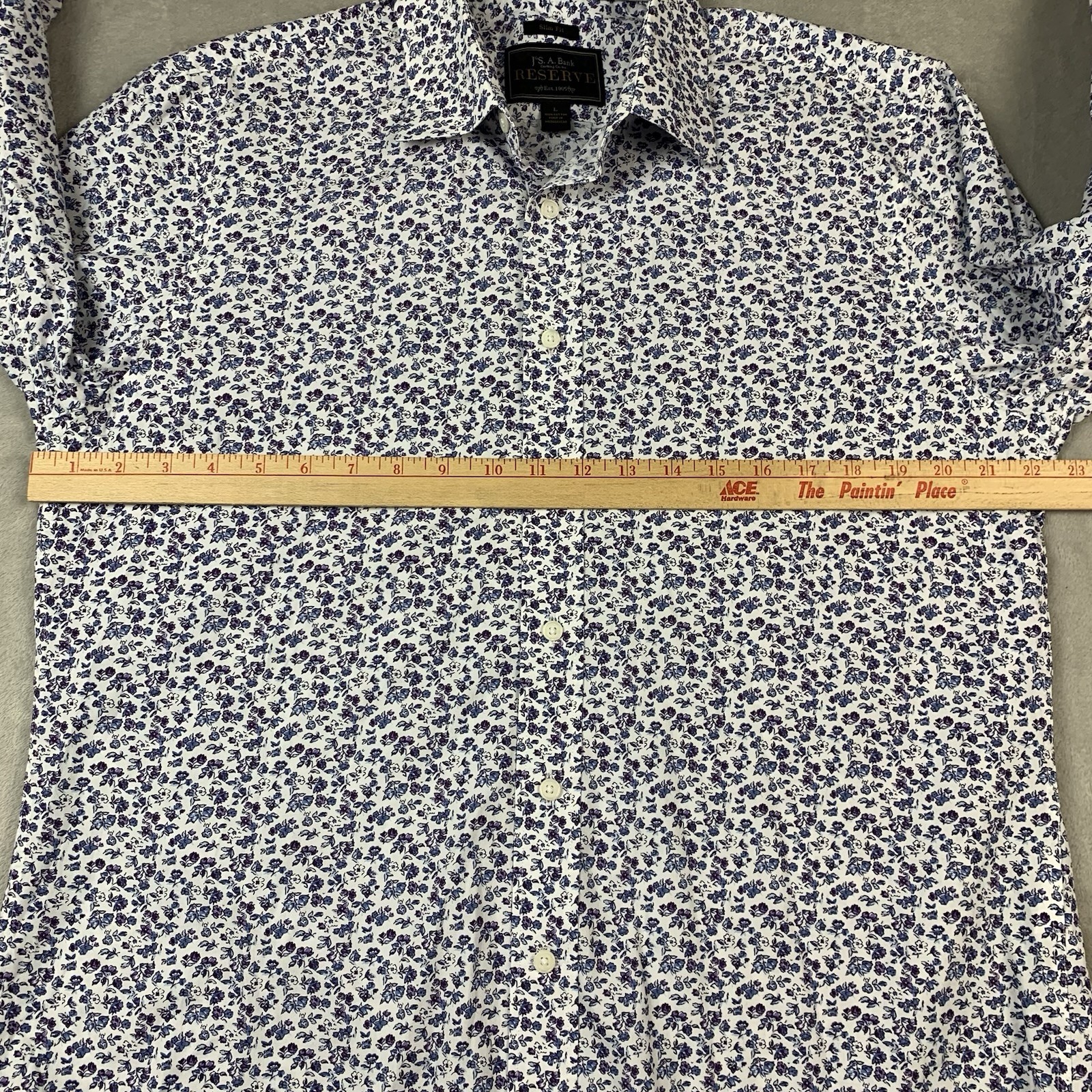 Jos A Bank Reserve Shirt Mens Large White Blue Floral Slim Fit Button Up Casual