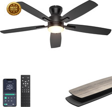52" Ceiling Fan with Light Remote App Control Flush Mount Black Fan