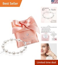 Pearl Bracelets for Girls, Sterling Silver Cross Charm, Baptism Gifts for Gir...
