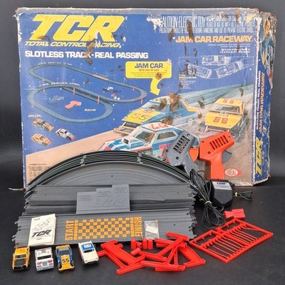 1977 Ideal TCR Total Control Racing Jam Car Slotless Race Track Set with 4 Cars