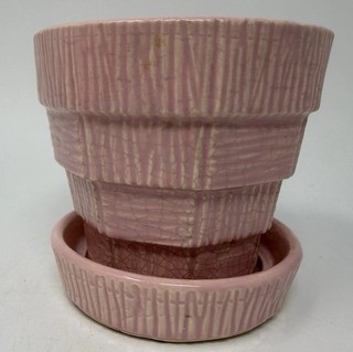 1950s 4" McCOY Pink Basketweave Flower Pot with Attached Saucer