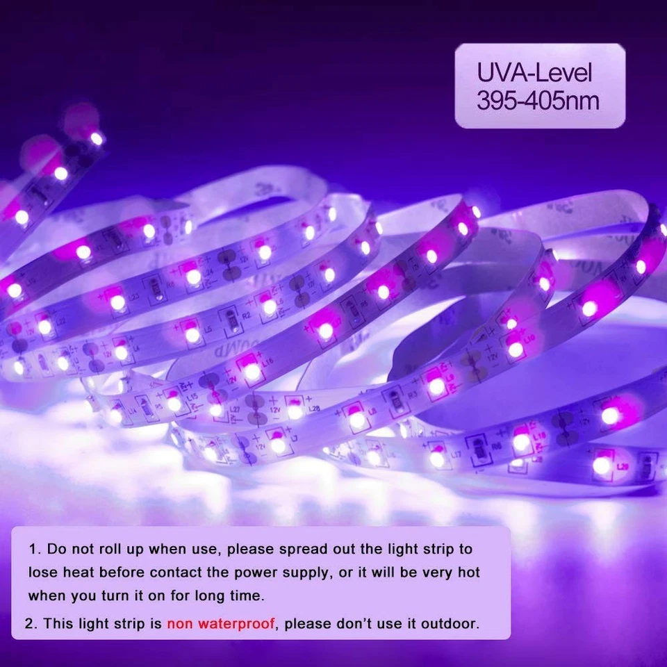 2x Tira de Luz LED UV de 16.4FT 12V 10m Ultravioleta Flexible 600LED Iluminación Púrpura Foto 3 de 4
