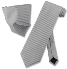 Vesuvio Napoli SILVER GREY Striped NeckTie Handkerchief Matching Neck Tie Set