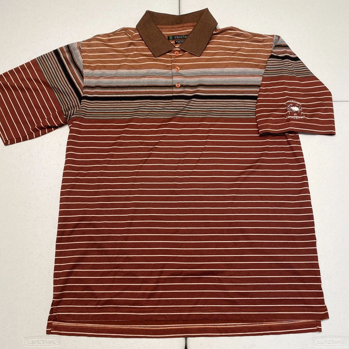 Tehama Golf Polo Shirt L Brown Striped Cotton Men s