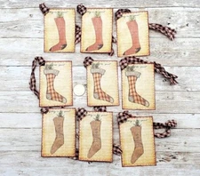 9-Christmas-Primitive-Farmhouse-Holiday-Stockings-Linen Cardstock-Gift-Hang-Tags