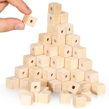 100 Pcs 1/2" Wood Cubes with Holes Unfinished Wooden Square Beads Solid Wood Blo