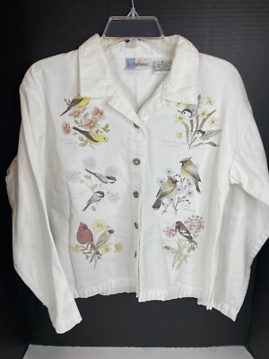 Artisan Womens White Bird Floral Printed Button Up Jacket S Cotton Long Sleeve
