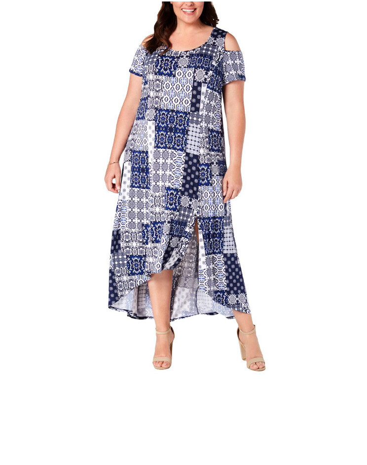 NY Collection Maxi Dress Asymmetric Printed  Plus Size 2XP Cold Shoulder Slit
