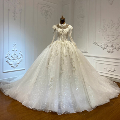 Fashion Dress Expensive For Less Wedding Dresses Luxury High Neck Bride  Dress Appliques Train Ball Gown Princess