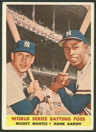 1958 TOPPS #418 WORLD SERIES BATTING FOES CENTERED HANK AARON AND MICKEY MANTLE