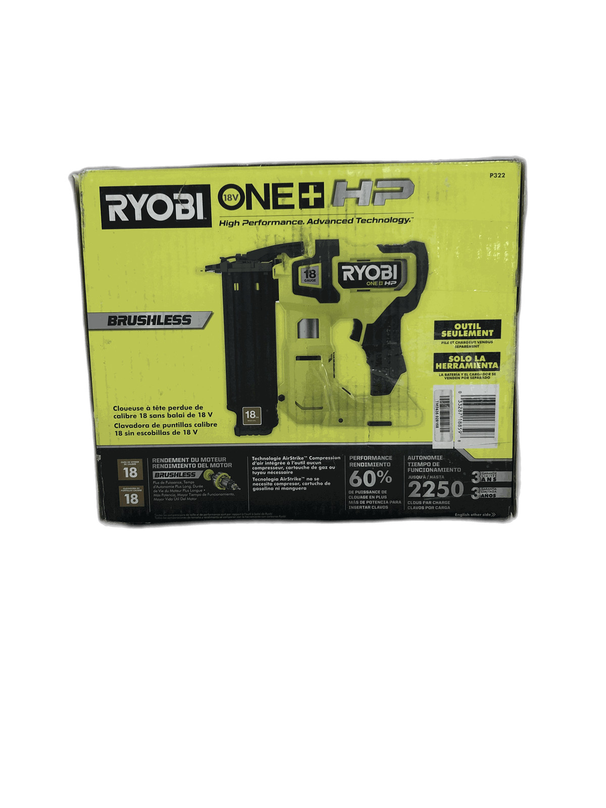 RYOBI ONE+ HP 18V 18-Gauge Brushless Cordless AirStrike Brad Nailer (Tool Only)