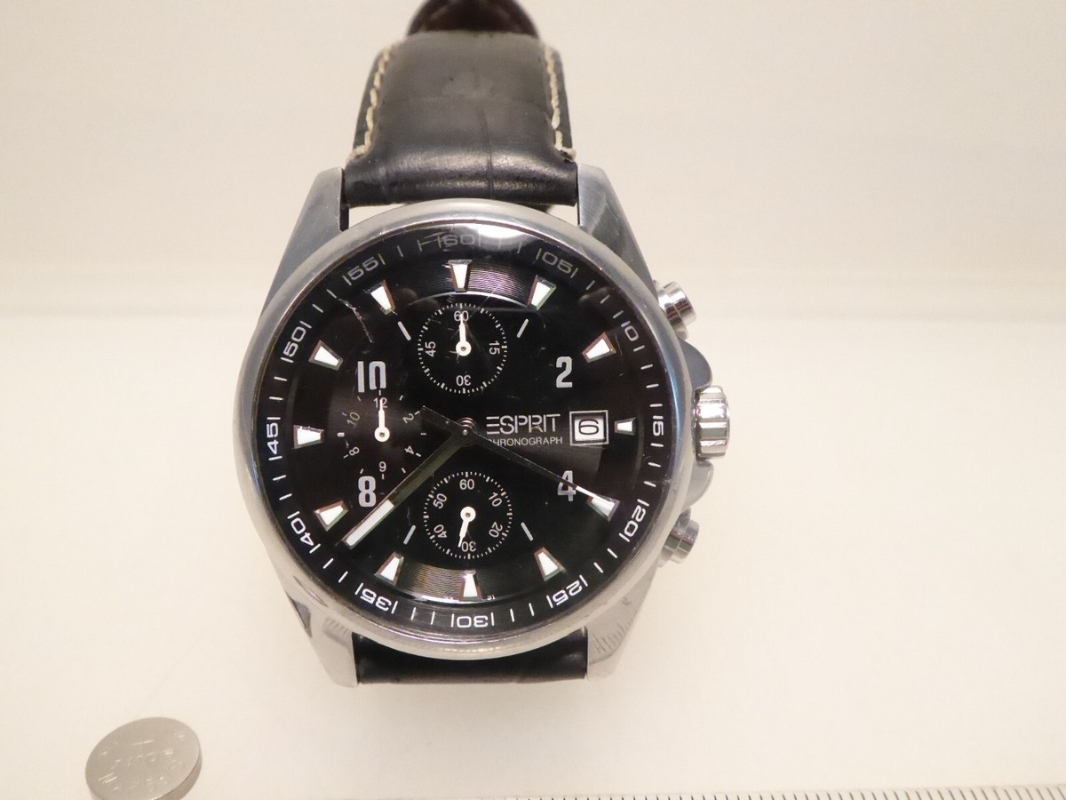 HAU Chronograph Esprit Black Dial Silver Case Leather Band