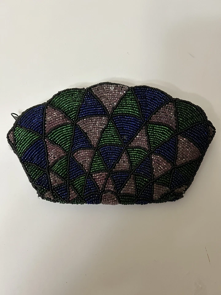 Vintage Neiman Marcus Beaded Purse Blue Green Silver Clutch Bag - Image 2 of 4